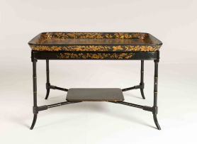 A Regency black and gilt japanned tray, Clay, King St, Covt Garden