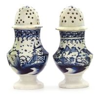 A pair of Staffordshire blue and white casters, late 18th/early 19th century
