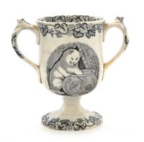 A black and white transfer-printed 'Frog' loving cup, 19th century