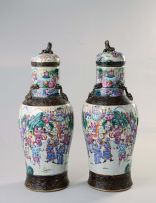 A pair of Chinese craquelure and bronze-glazed vases and covers, Qing Dynasty, 19th century