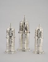 A set of three Queen Anne silver lighthouse casters, John Smith I, London, 1702