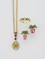 Edwardian peridot, pink sapphire and seed pearl pendant necklace, Murlle Bennet & Co