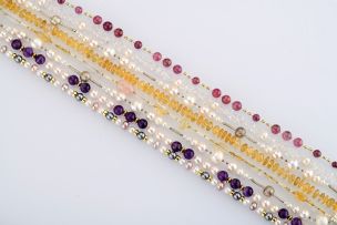 Amethyst, cultured pearl and gold bead necklace