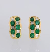 Pair of emerald, diamond and gold earrings