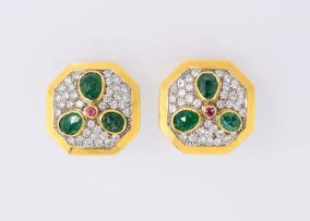 Pair of emerald, diamond and ruby earrings, Schwartz, Johannesburg