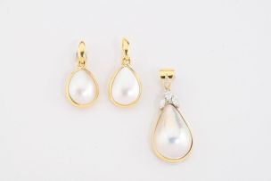 Mabé pearl and diamond pendant and earrings