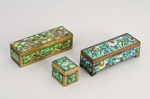 Two Chinese enamel and brass double stamp and nib boxes, early 20th century
