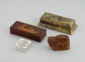A Japanese brass double stamp and nib box, mid 20th century
