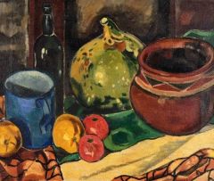 François Krige; Still Life with an African Pot, Blue Mug and Fruit