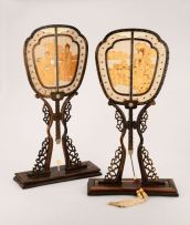 A pair of Chinese bamboo, rosewood, and ivory-inlaid table fans and stands, Republic of China (1912-1948)
