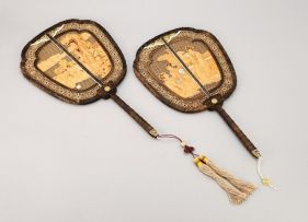 A pair of Chinese bamboo, rosewood, and ivory-inlaid table fans and stands, Republic of China (1912-1948)