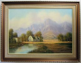 Gawie Cronje; Valley Farmhouse, Mountains Beyond