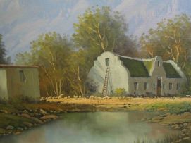 Gawie Cronje; Valley Farmhouse, Mountains Beyond