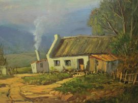 Gabriel de Jongh; Streamside Cottage with Smoking Chimney