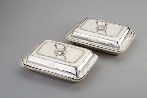 A pair of George III silver entrée dishes and covers, maker's mark worn, London, 1817