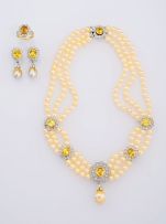 Cultured pearl, diamond and yellow sapphire part suite