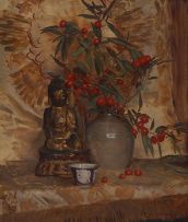 Frans Oerder; Still Life with Buddha and a Bowl of Fruiting Hawthorn