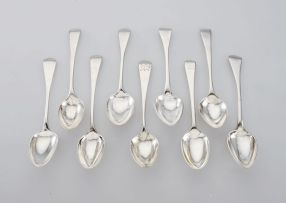 Nine Cape silver Old English pattern teaspoons, Gehardus Lotter, Carel David Lotter, Willem Godfried Lotter, J de Jongh and possibly William Cole, 19th century