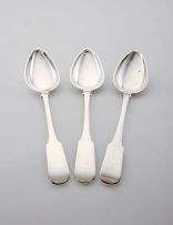 Three Cape silver Fiddle pattern basting spoons, Georg Egbertus Wolhuter, early 19th century
