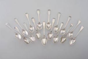 Sixteen Cape silver Fiddle pattern and Old English pattern table spoons, Johannes Combrink, Willem Godfriend Lotter, Gerhardus Lotter, Carel David Lotter, Daniel Beets and unknown maker's mark 'HNS', 19th century