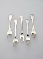 Four Cape silver konfyt or atjar forks, Johannes Combrink, 19th century