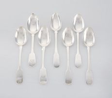 Seven Cape silver Fiddle pattern teaspoons, Peter Clarke Daniel, Lawrence Holme Twentyman and Daniel Beets, 19th century
