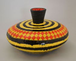 A yellow, black and orange glazed earthenware vase, Barbara Jackson (1949-2010), 1999
