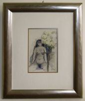 Douglas Portway; Seated Nude and Bouquet of Flowers