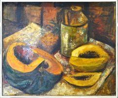 Stella Shawzin; Still Life with Pumpkin and Pawpaws