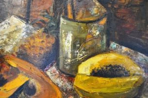 Stella Shawzin; Still Life with Pumpkin and Pawpaws