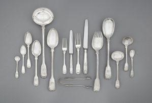An assembled set of Georgian Fiddle, Thread and Shell pattern silver cutlery, various makers, London, 1813-1839