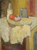 Barbara Grace Burry; Still Life with a Bottle Milk, Tomato and Onion