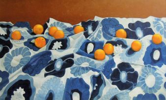 Diamond Bozas; Oranges on Blue Cloth