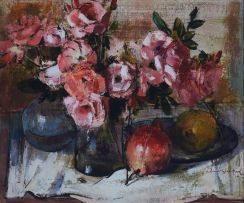 Irmin Henkel; Still Life with Pink Roses and Pomegranates