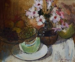 Irmin Henkel; Still Life with Melon, Trumpet Flowers and Fruit