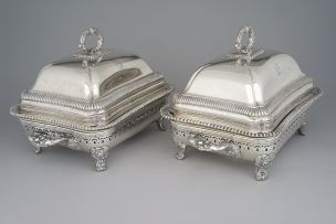A pair of Sheffield-plate entrée dishes, covers and burners, retailed by Garrards, Panton Street, London, first quarter 19th century