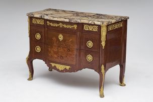 A Louis XVI/Transitional style marble-topped kingwood, parquetry and marquetry gilt-metal mounted commode, early 20th century