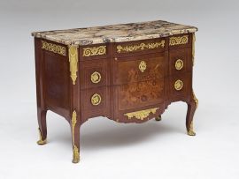 A Louis XVI/Transitional style marble-topped kingwood, parquetry and marquetry gilt-metal mounted commode, early 20th century