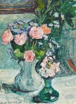Rupert Shephard; Roses and Michaelmas Daisies in a Grey Jug