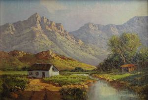 Gabriel de Jongh; Thatched Cottage in a Mountainous Landscape