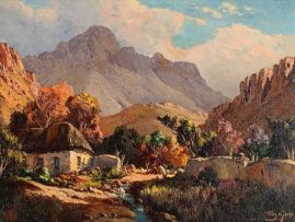 Tinus de Jongh; Farmhouse Between the Mountains, Cape Province