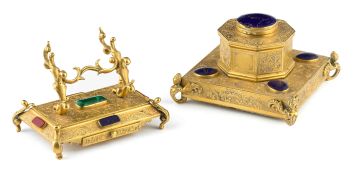 An early Victorian engraved gilt-metal and hardstone-mounted inkstand and pen-rest, circa 1839