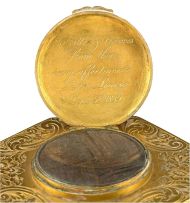 An early Victorian engraved gilt-metal and hardstone-mounted inkstand and pen-rest, circa 1839