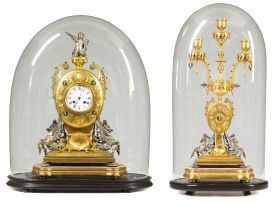 A Victorian gilt and silvered-brass agate-mounted clock garniture, English/French, 1871