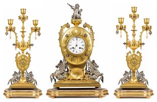 A Victorian gilt and silvered-brass agate-mounted clock garniture, English/French, 1871