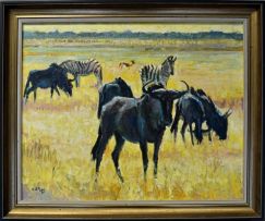 Zakkie Eloff; Wildebeest and Zebra on a Plain