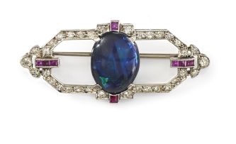Edwardian black opal, diamond and ruby brooch