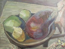 Ernest Ullmann; Still Life with Aubergine, Fruit and Vessel