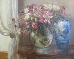 Mari Vermeulen-Breedt; Still Life with Peonies in a Vase and Blue and White China