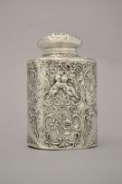 A silver tea caddy and associated cover, B Neresheimer & Söhne, Hanau, with import marks for Berthold Mueller, Chester, 1904